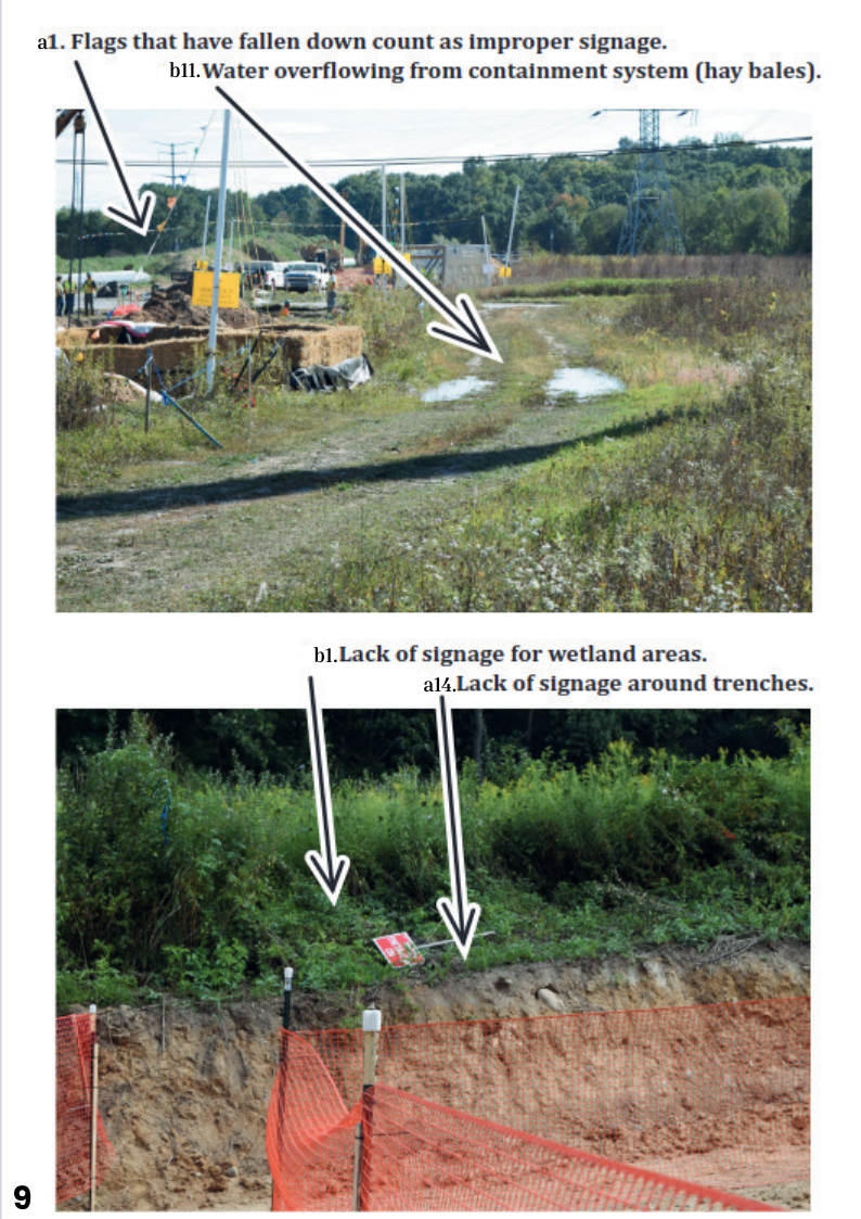 al. Flags that have fallen down count as improper signage. bll.Water overflowing from containment system (hay bales). bl.Lack of signage for wetland areas. al4Lack of signage around trenches.